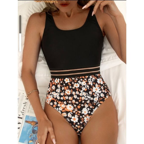 NEW Floral Print Mesh Inset One Piece Swimsuit S - Picture 3 of 5